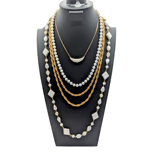 Vintage White & Gold Layered Necklace Jewelry Lot