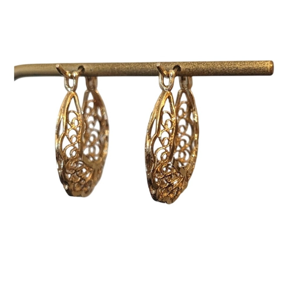 925 Sterling Silver Gold Vermeil Filigree Hoop Latch Down Pierced Earrings