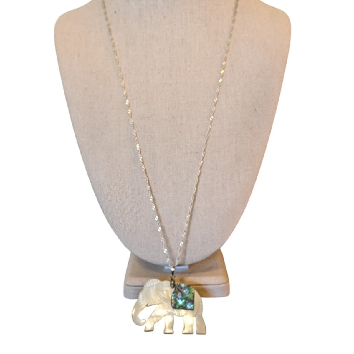 Mother of Pearl Carved Elephant W/ Abalone Inlay on Sterling 925 Chain