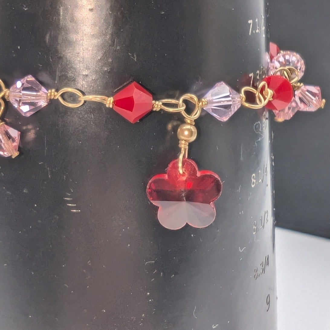 Vintage 14K Gold Filled Gold Chain Pink & Red Crystal Bead Dangle Bracelet