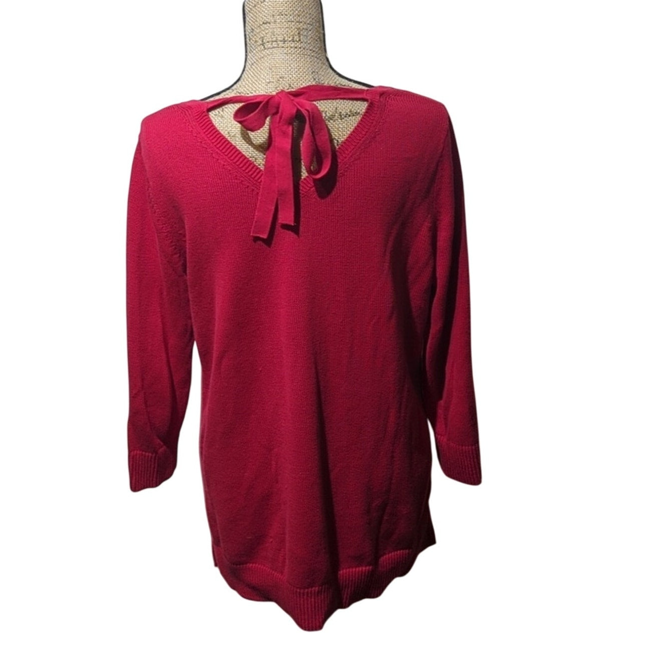 TALBOTS Red Pima Cotton Double V Tie Back Sweater Pullover Long Top Womens Sz M