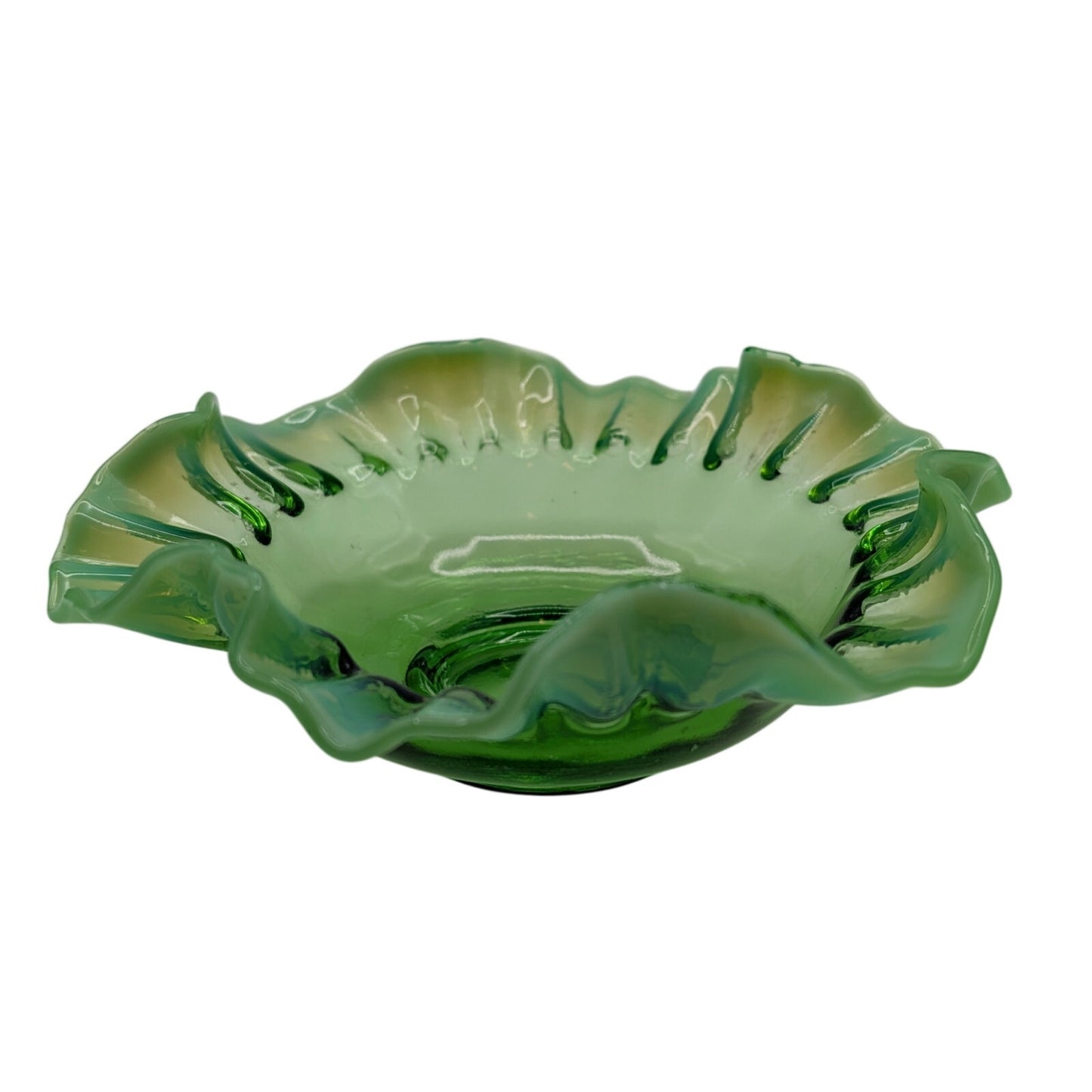 Vintage Green Opalescent Ruffled Edge Fenton Art Glass Bowl -- Read Description