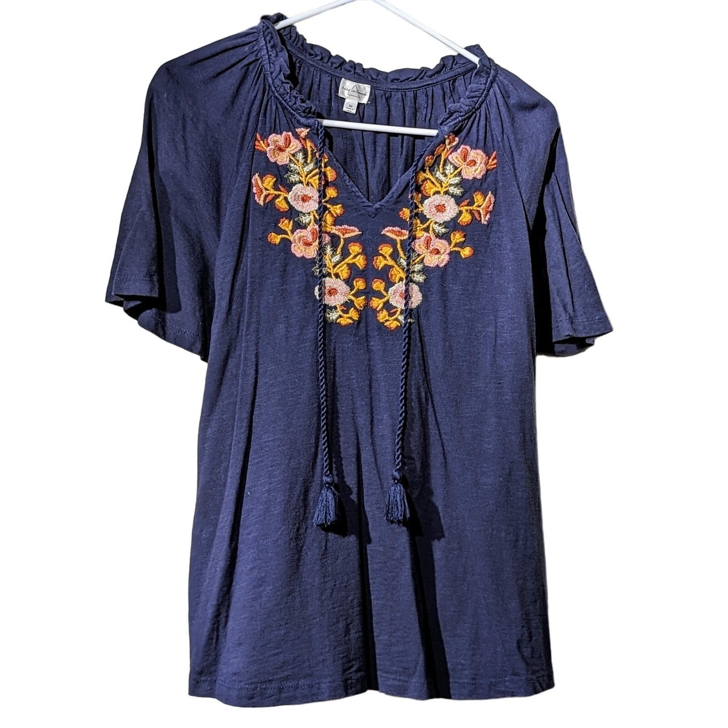 Keep in Touch Floral Embroidered Bell Sleeve Tie Ruffle Neck Top Womens Sz M