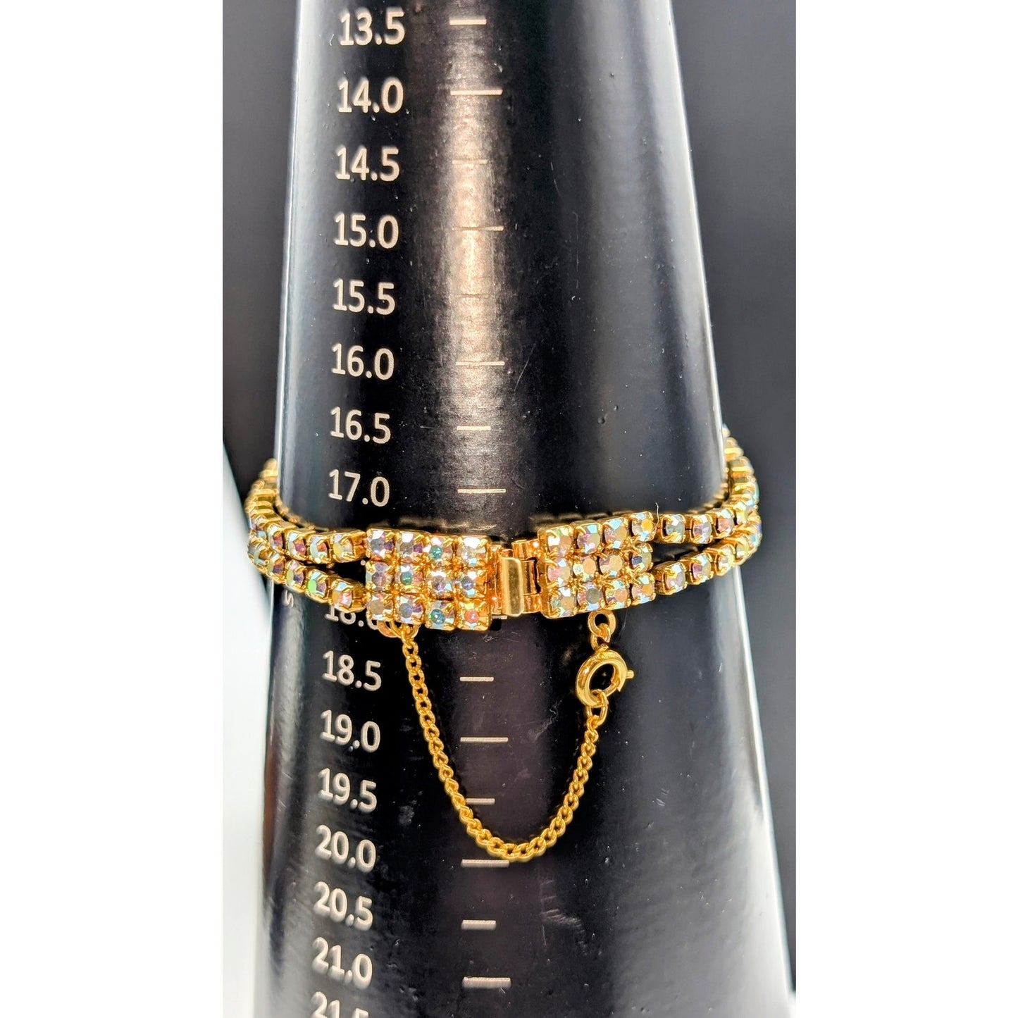 Vintage Mid-Century AB Crystal Rhinestone Gold Tone Bracelet W/ Safety Chain