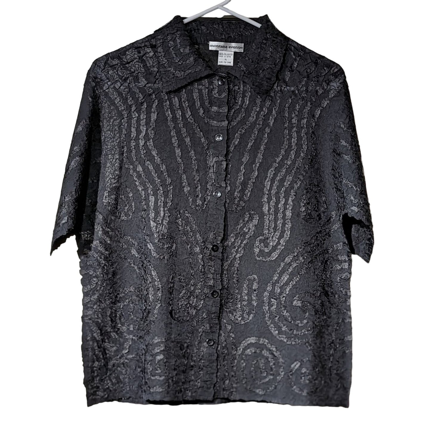 Montana Avenue Vintage Black Crinkly Ribbon Button Front Blouse Sz XL