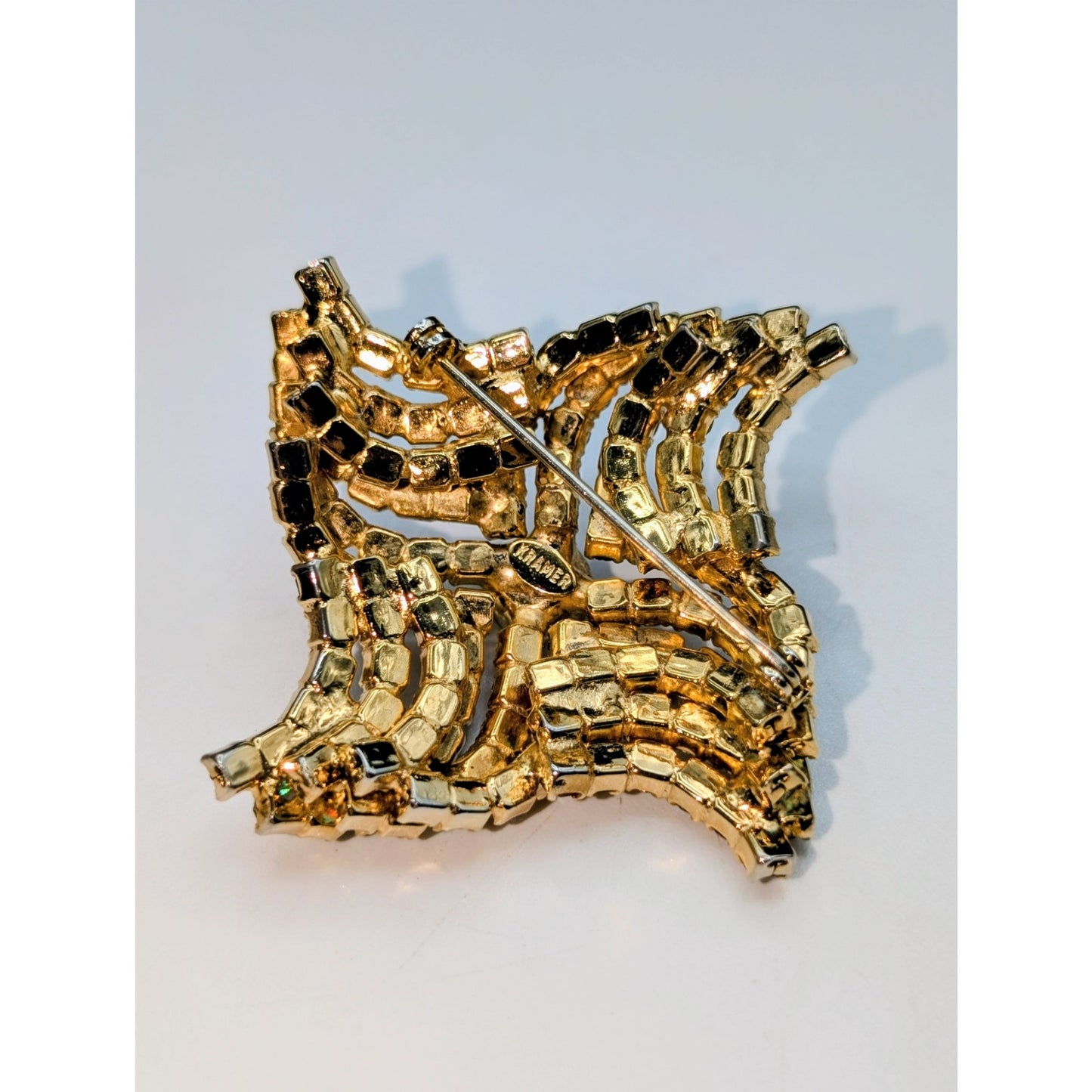 VTG 60s Kramer Gold Tone Vortex Wave Style Topaz & AB Rhinestone Pin Brooch