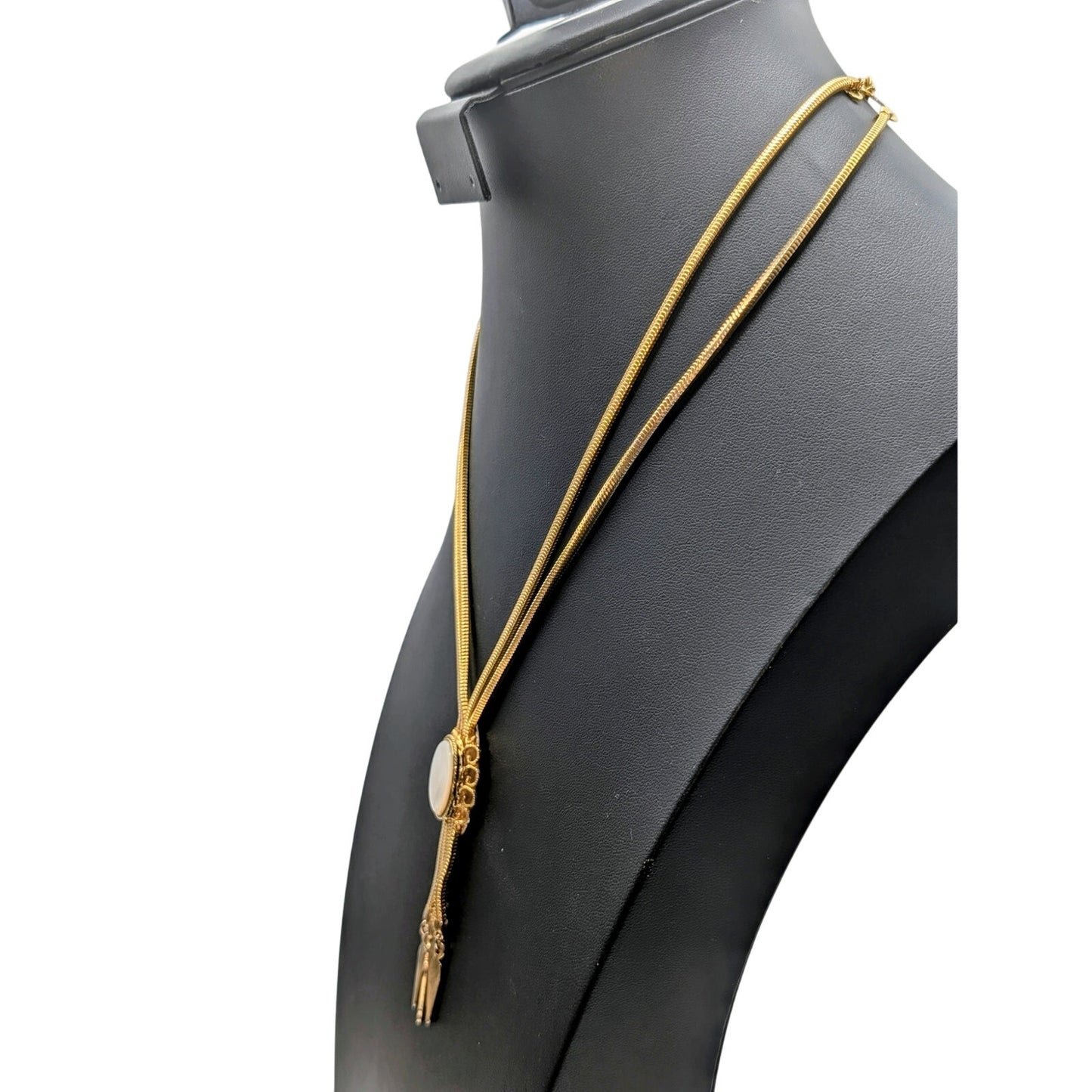 Vtg Yellow Gold Plated Double Snake Chain MOP Glass Tassel 17"-20.5" Necklace