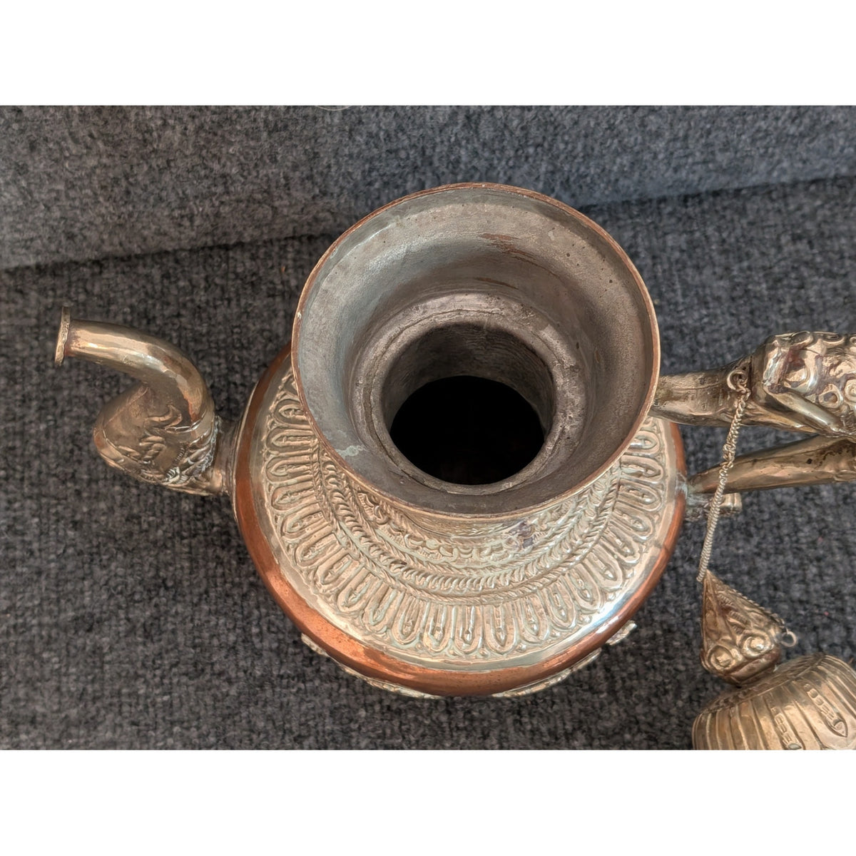 Antique 1900s Tibetan Dragon Tea Pot Ewer Copper With Silver Repose Decoration