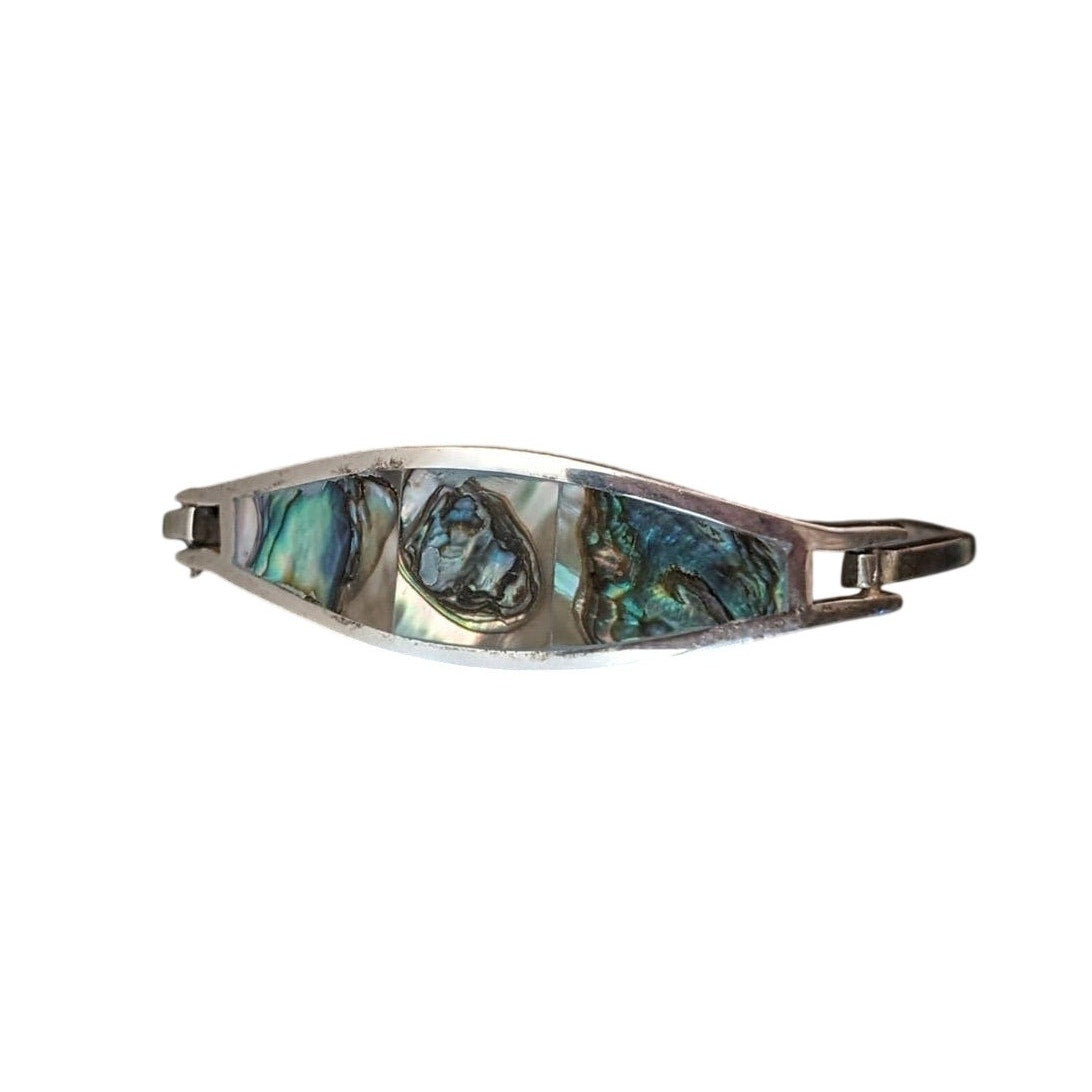 Vintage Alpaca Mexico Silver Inlay Abalone Hinged Bangle Bracelet
