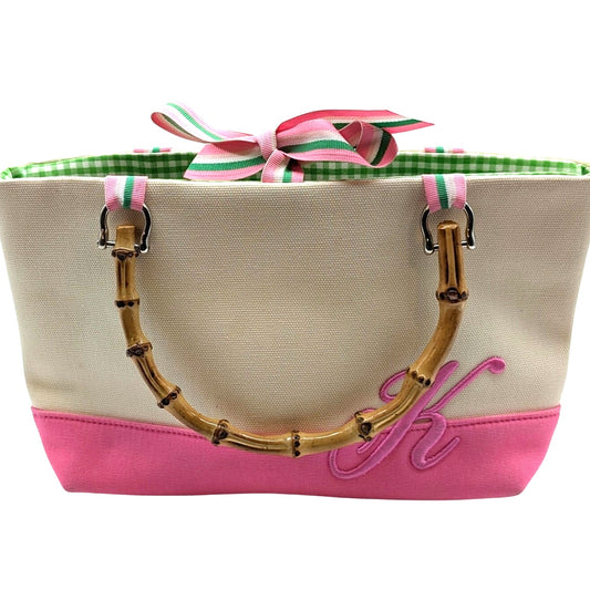 Preston & York Preppy Canvas Bamboo Handle Cream Pink Monogram K Small Tote Bag