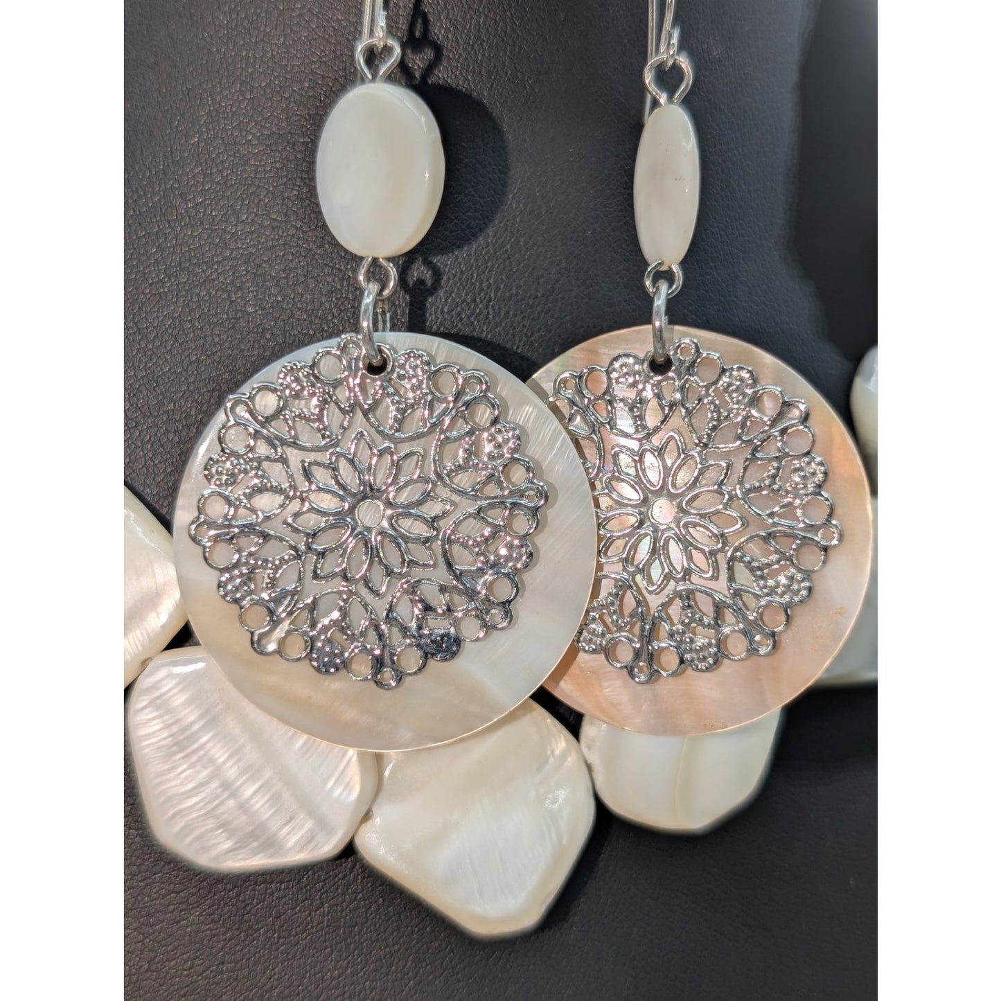 Vintage MCM Mother of Pearl 17" Necklace & Dangle Earring Jewelry Set