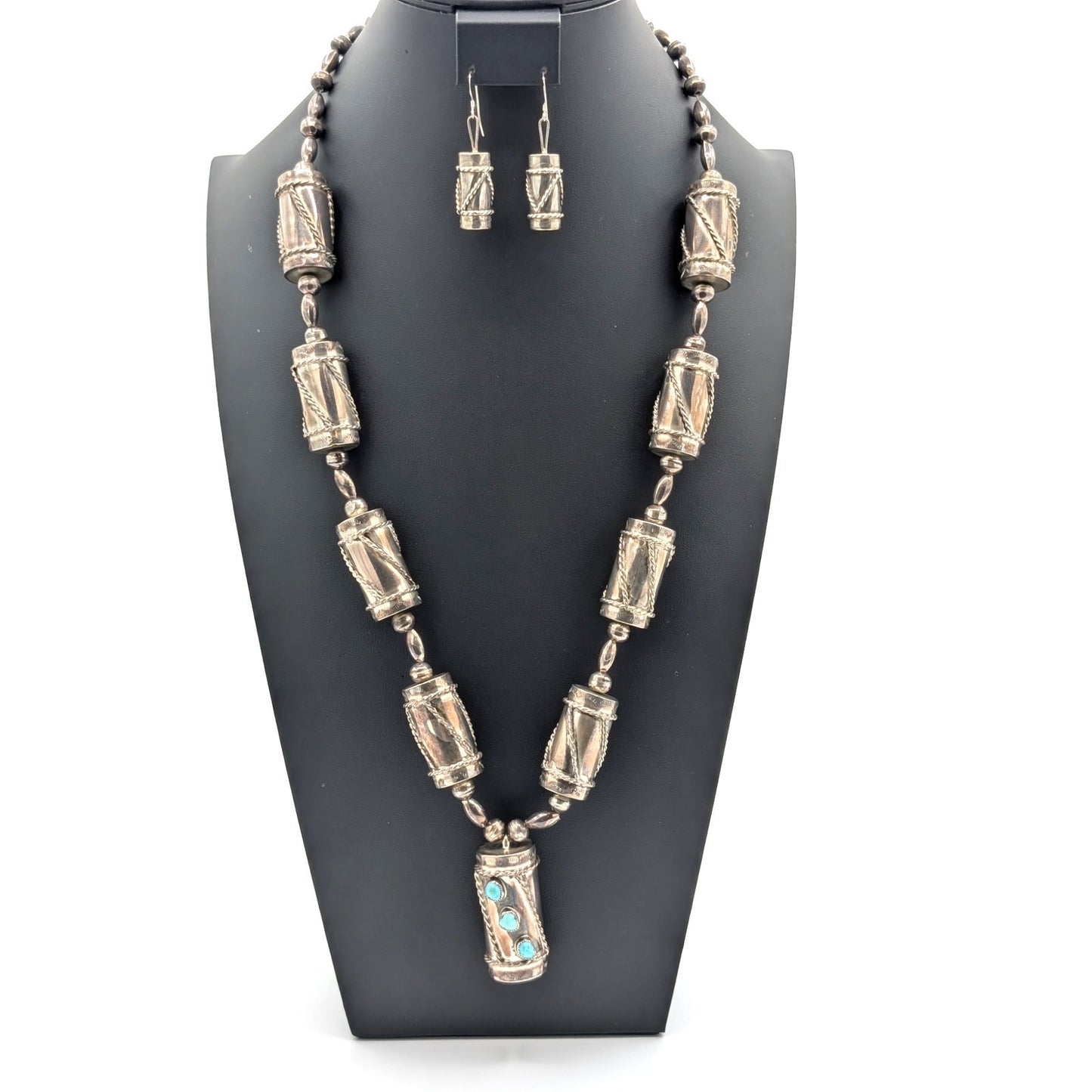 VTG Clyde Woody Navajo Sterling Silver Turquoise Drum Necklace Earring Ring Set