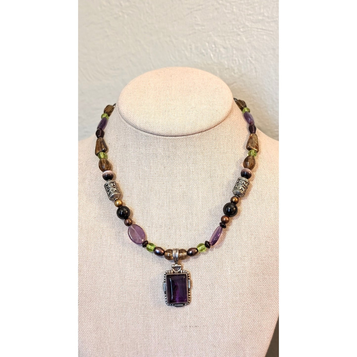 Amethyst Pearl Art Glass Cat's Eye 925 Bali Bead Necklace W/ Amethyst Pendant