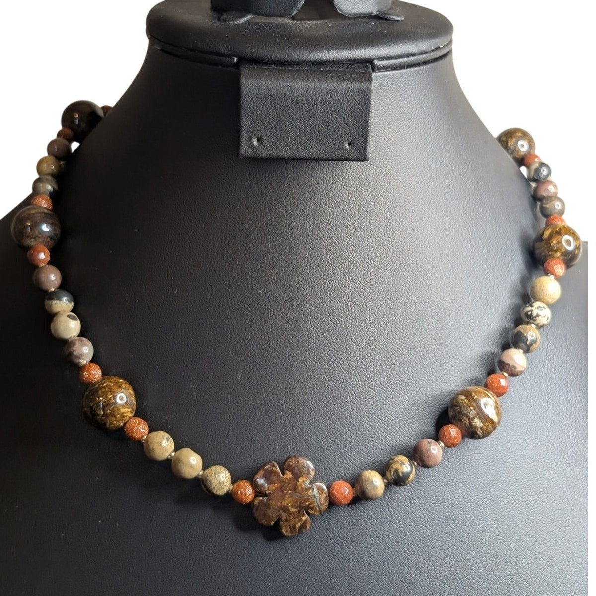 Jasper Agate Brown Stones & Goldstone Beaded Stone Flower 19.5" Necklace