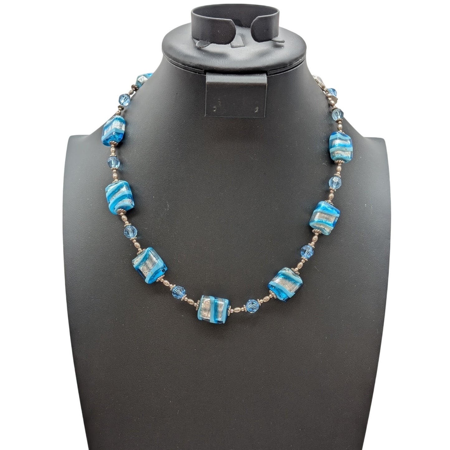 Vintage LCG 925 Sterling Silver Blue Striped Foil Murano Bead 18"-21" Necklace