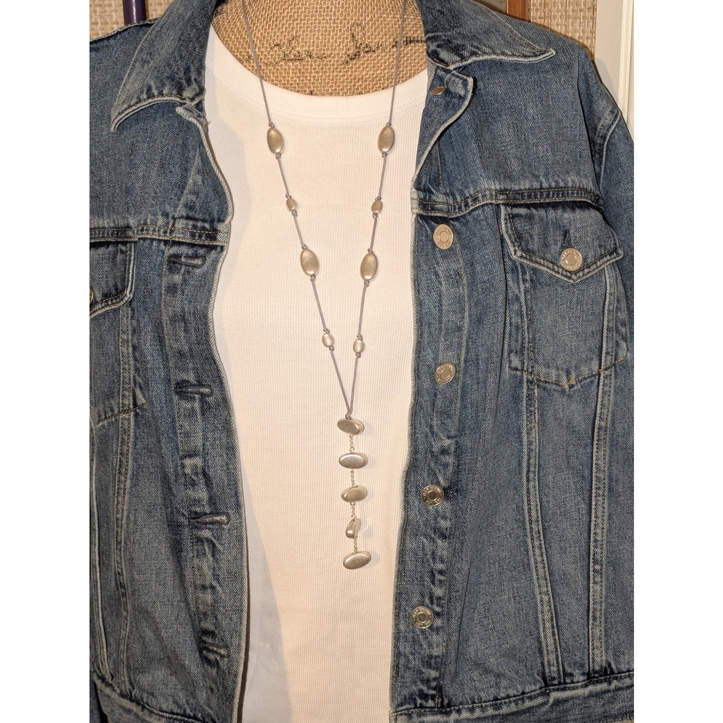 Long 30"-33" Silver Tone Beaded Station Corded Long Dangle Necklace