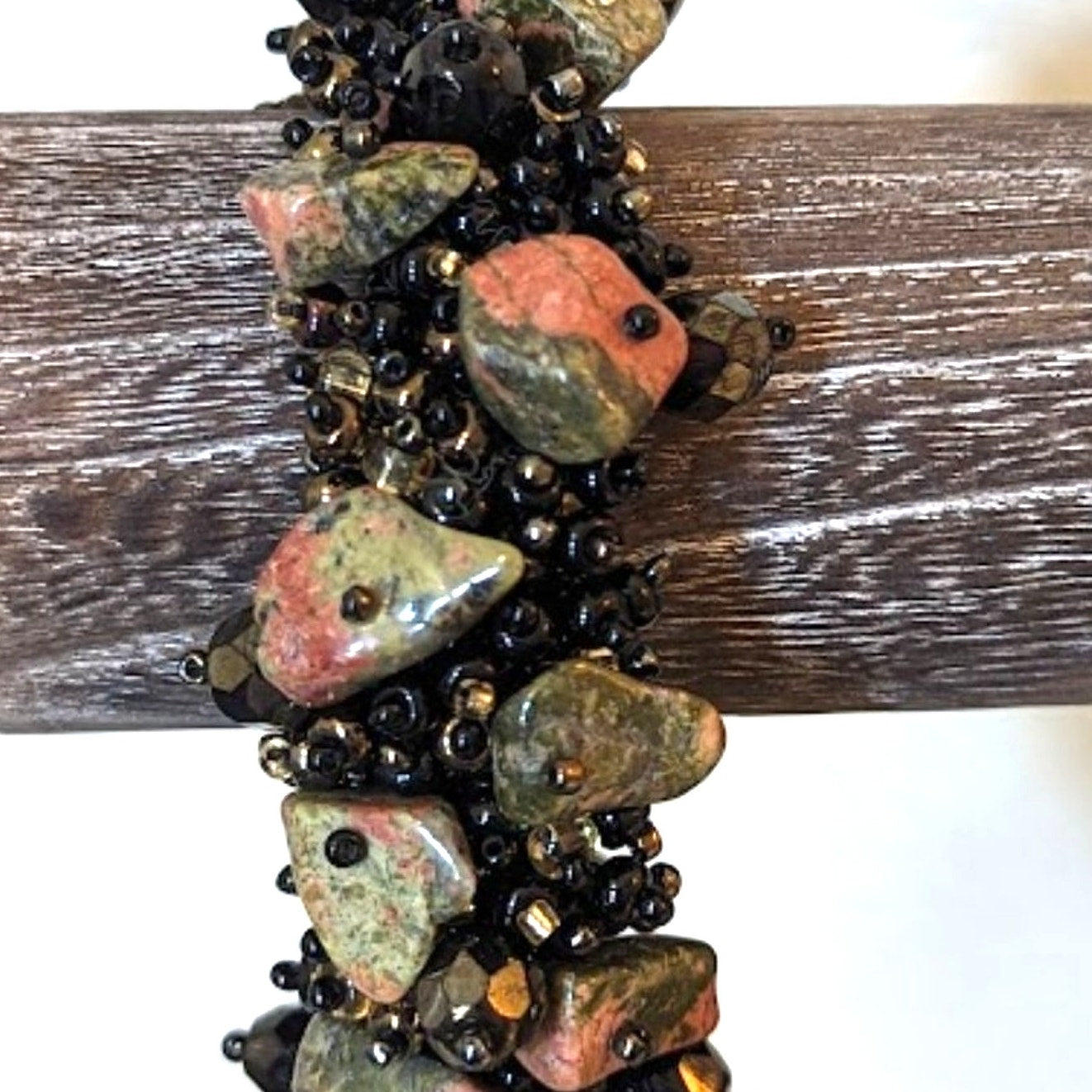 Artist Woven Seed Bead and Unakite Stone Chip Cuff Magnetic Closure Bracelet