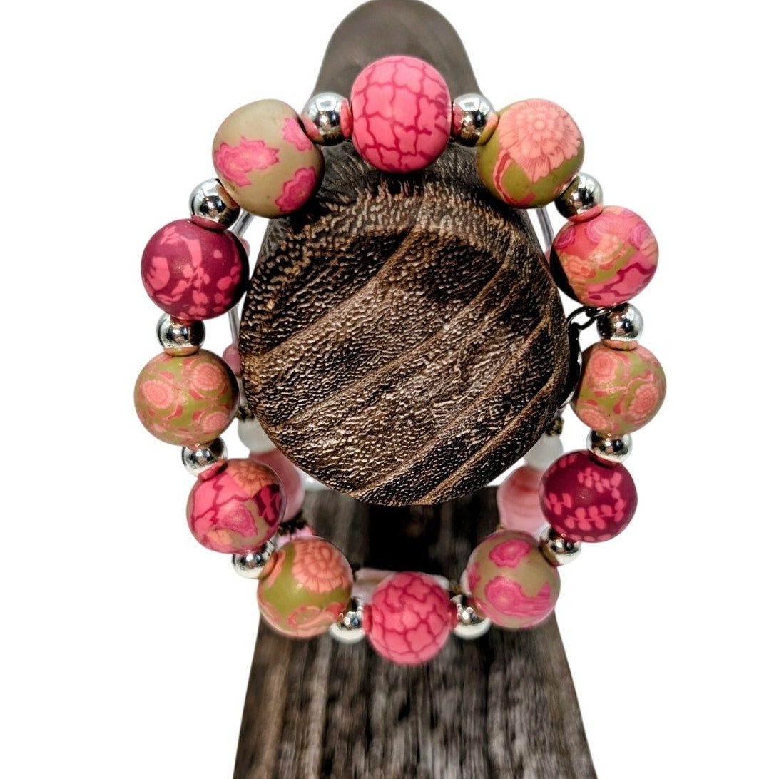 Lot of Two Pink Jilzara Clay Bead Stretch & Lamp Work Glass Bead Bracelets