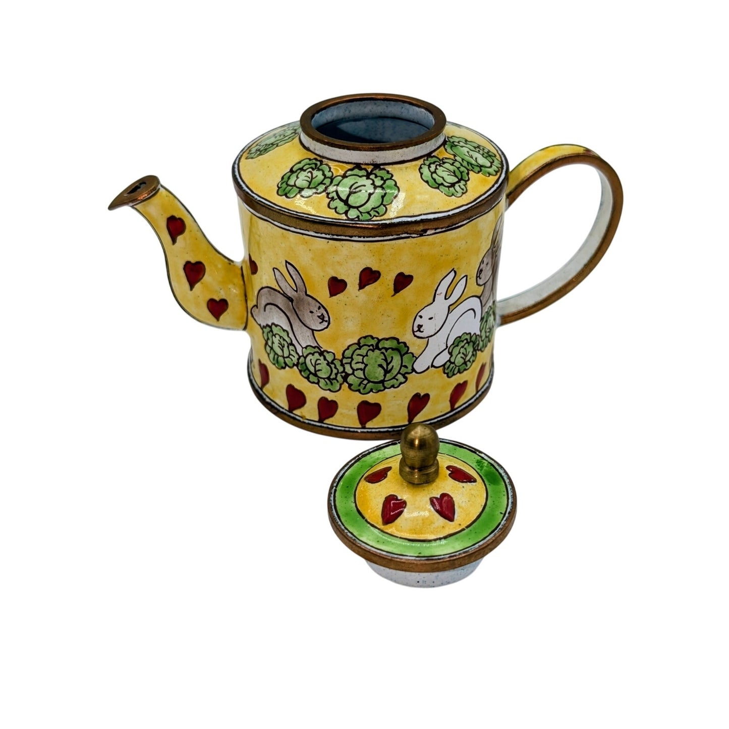 Bunnies In Love Unsigned Except for Number on Handle Enamel Collectible Teapot