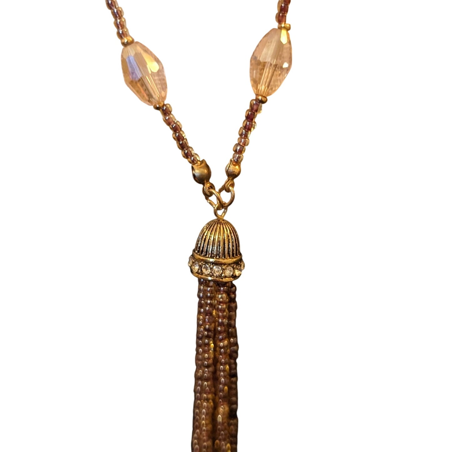 Champagne Crystal Faux Pearls & Rhinestone Rondelle Beaded Tassel Necklace