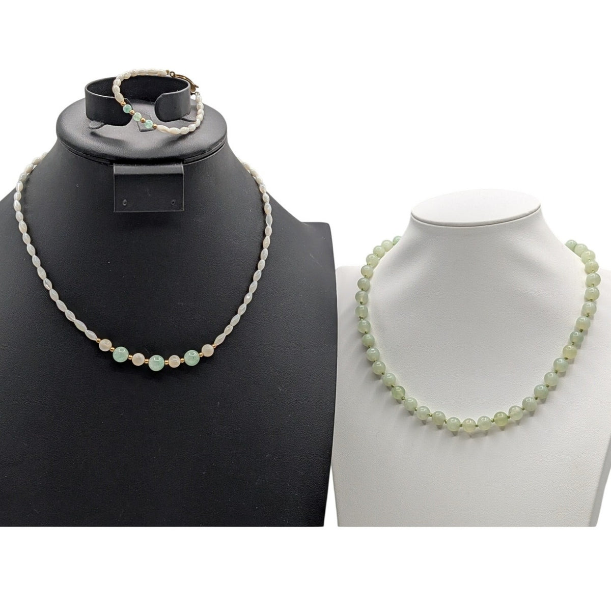 VTG 3 Pc Lot--2 Necklaces & 1 Bracelet MOP & Semi-Precious Green Stone Jewelry