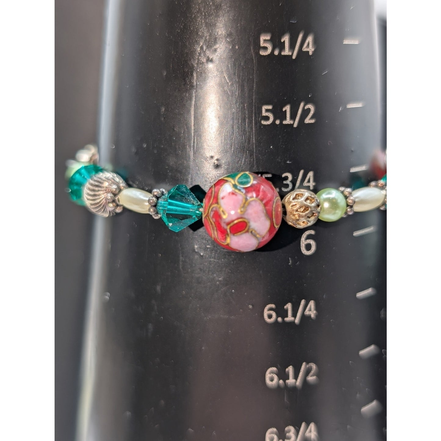 925 Sterling Silver Red Cloisonne Green Crystal Sterling Bead Bracelet