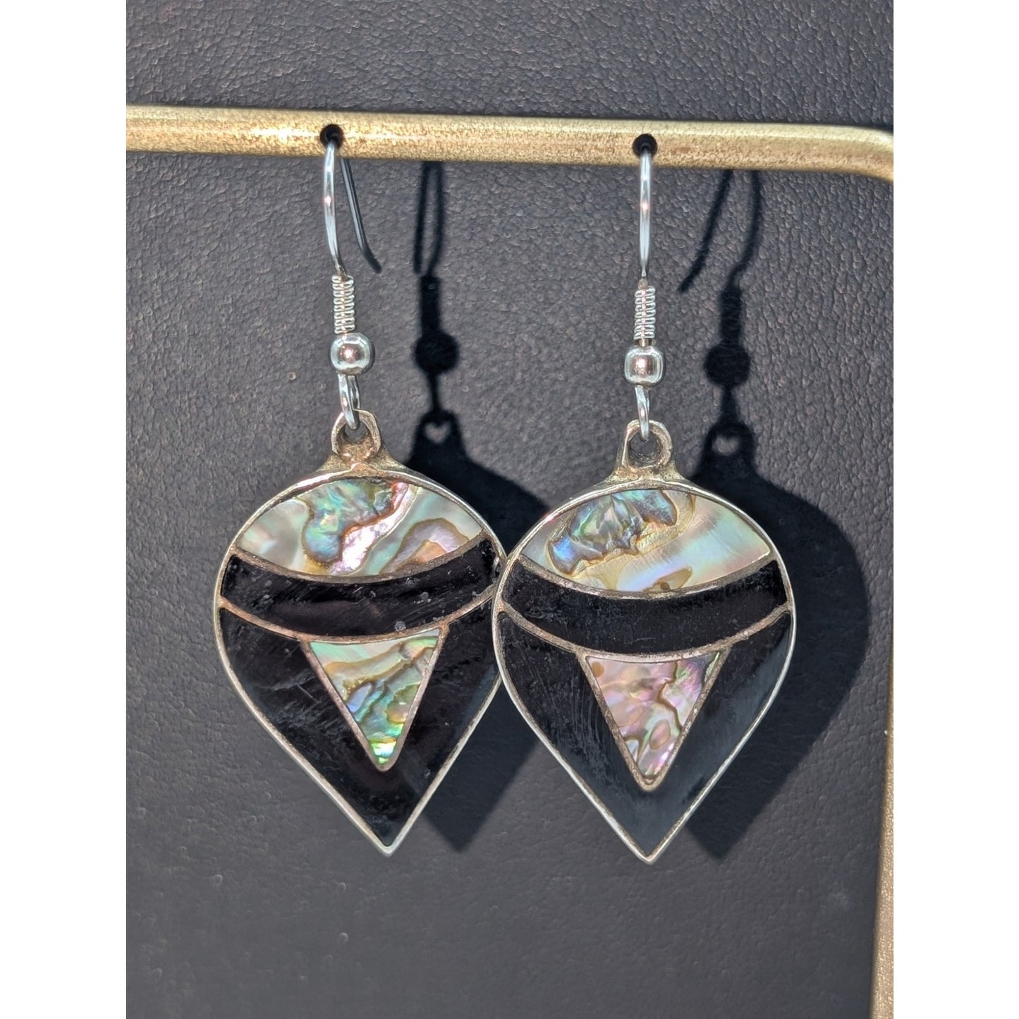 Vintage Alpaca Mexico Teardrop Abalone Onyx Inlay Dangle Earrings