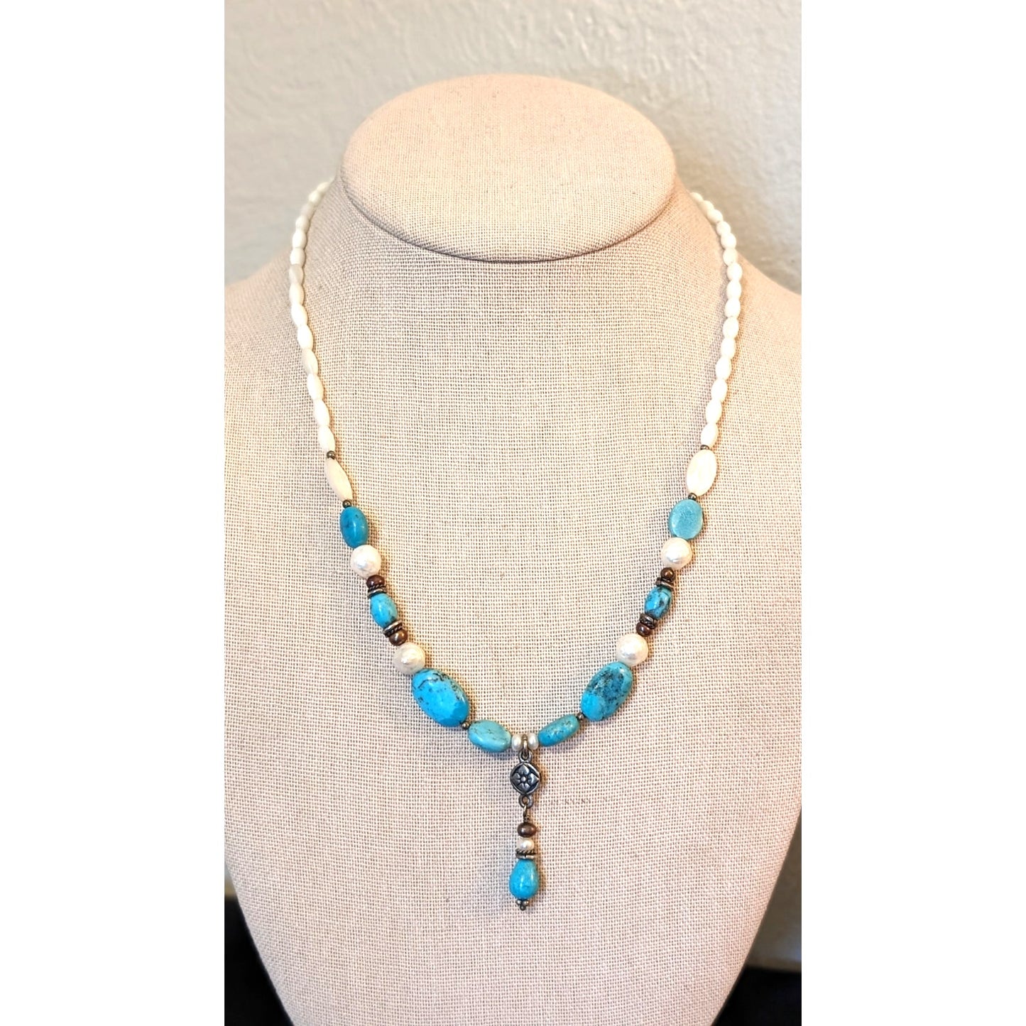 Barse Turquoise Pearl & Mother of Pearl Beaded Dangle 925 Sterling Necklace