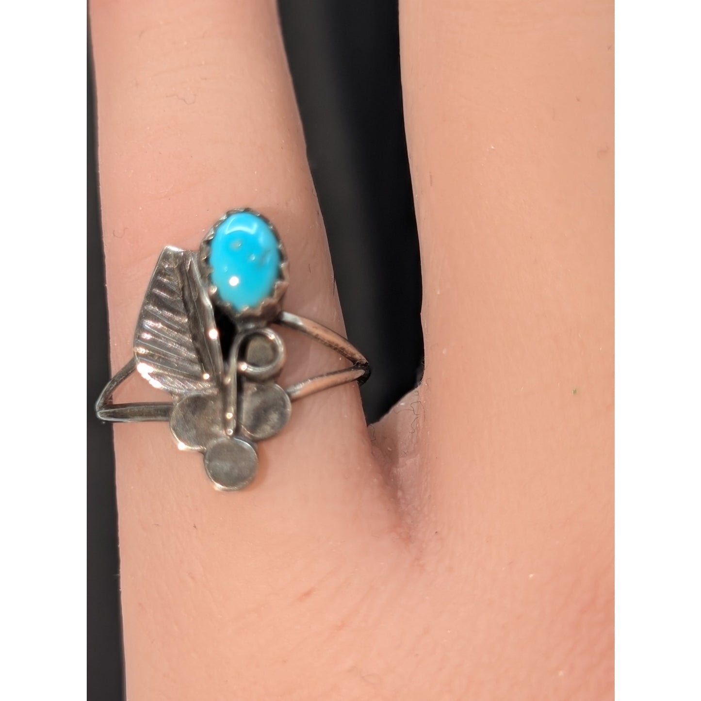 Vintage 925 Sterling Silver Turquoise Leaf Split Shank Thin Band Ring Size 5.25