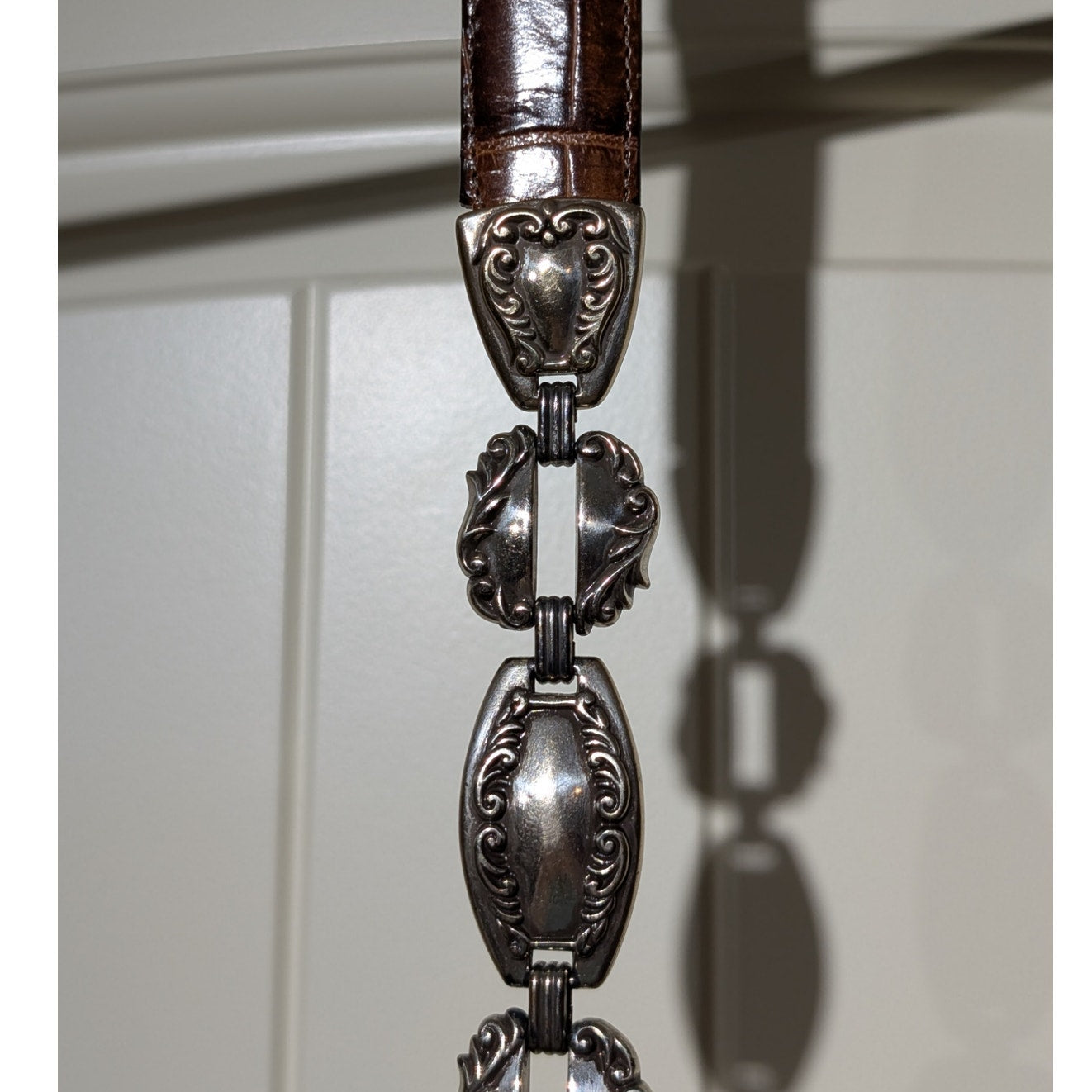 Vtg RARE 1996 Brighton Brown Croc Embossed Silver Chain Link Belt Womens Sz M