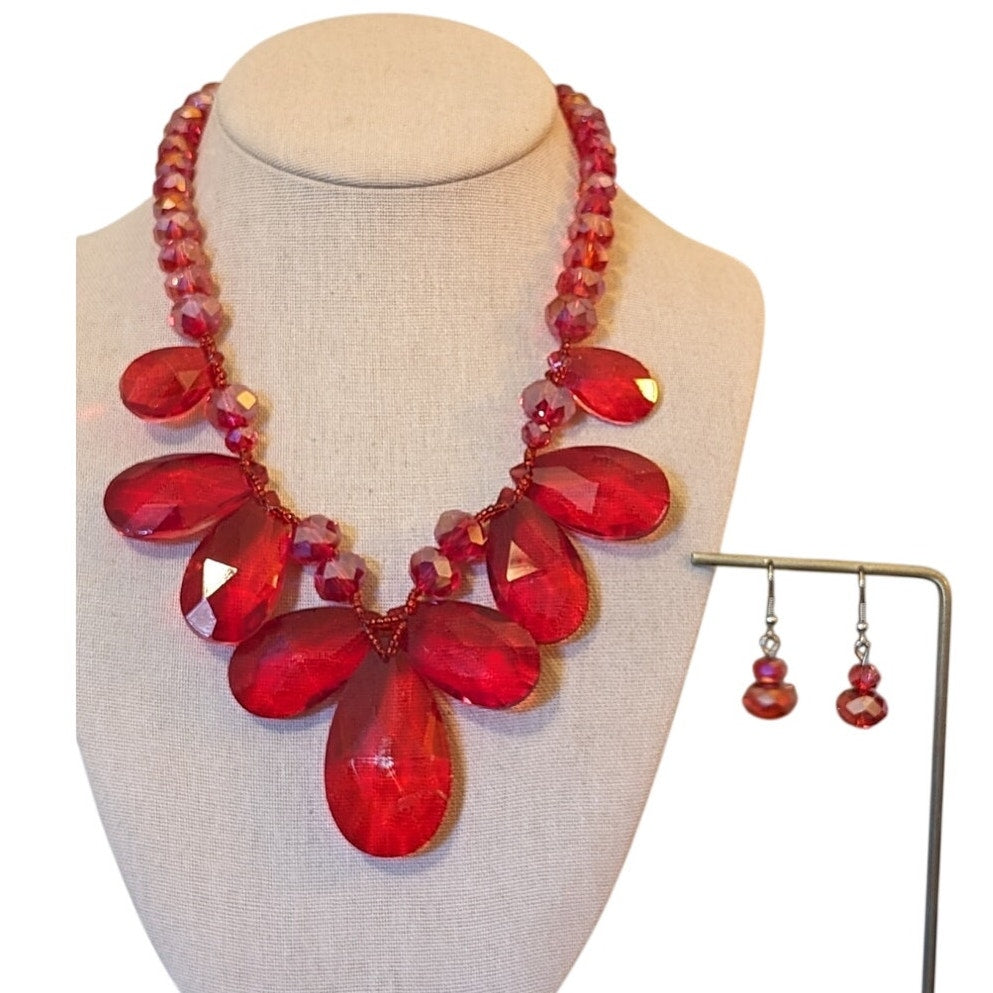 Large Chunky Red Glass Crystal Necklace and Earring Set
