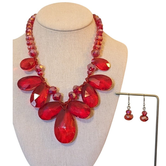 Large Chunky Red Glass Crystal Necklace and Earring Set