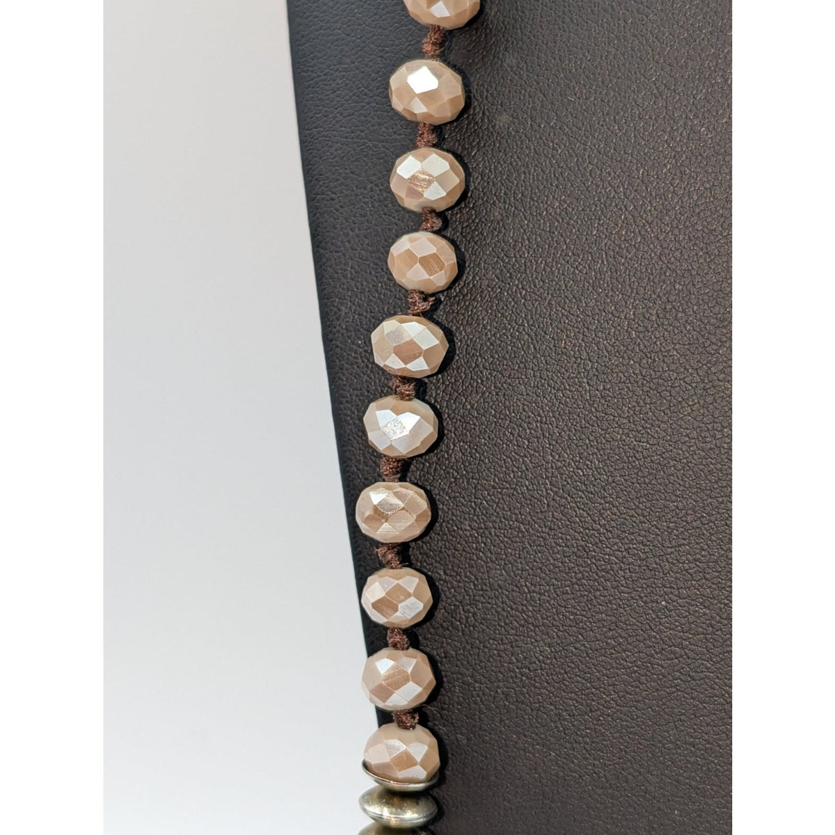 Long Strand Taupe Champagne Czech Milk Glass Silver Rondelle Bead Boho Necklace