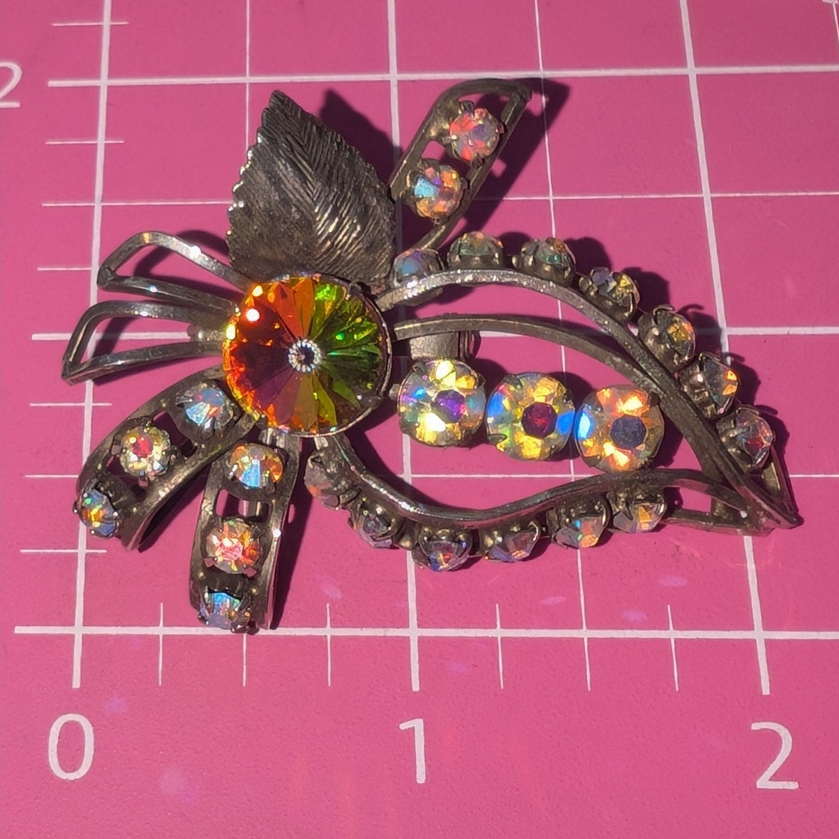 Vintage Antiqued Silver Sparkling Watermelon & AB Rhinestone Brooch