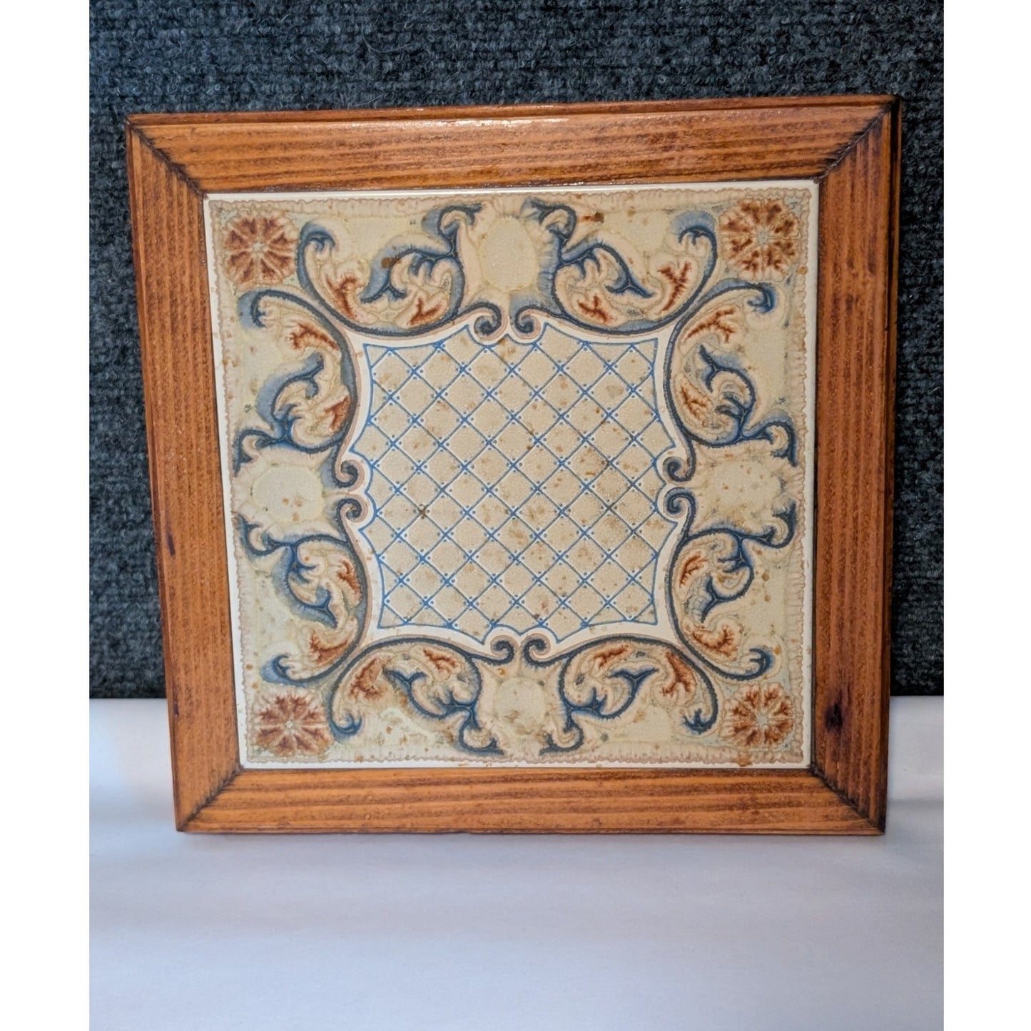 Vintage Italian Ceramic Tile Wood Framed Square Trivet Art Nouveau Pattern