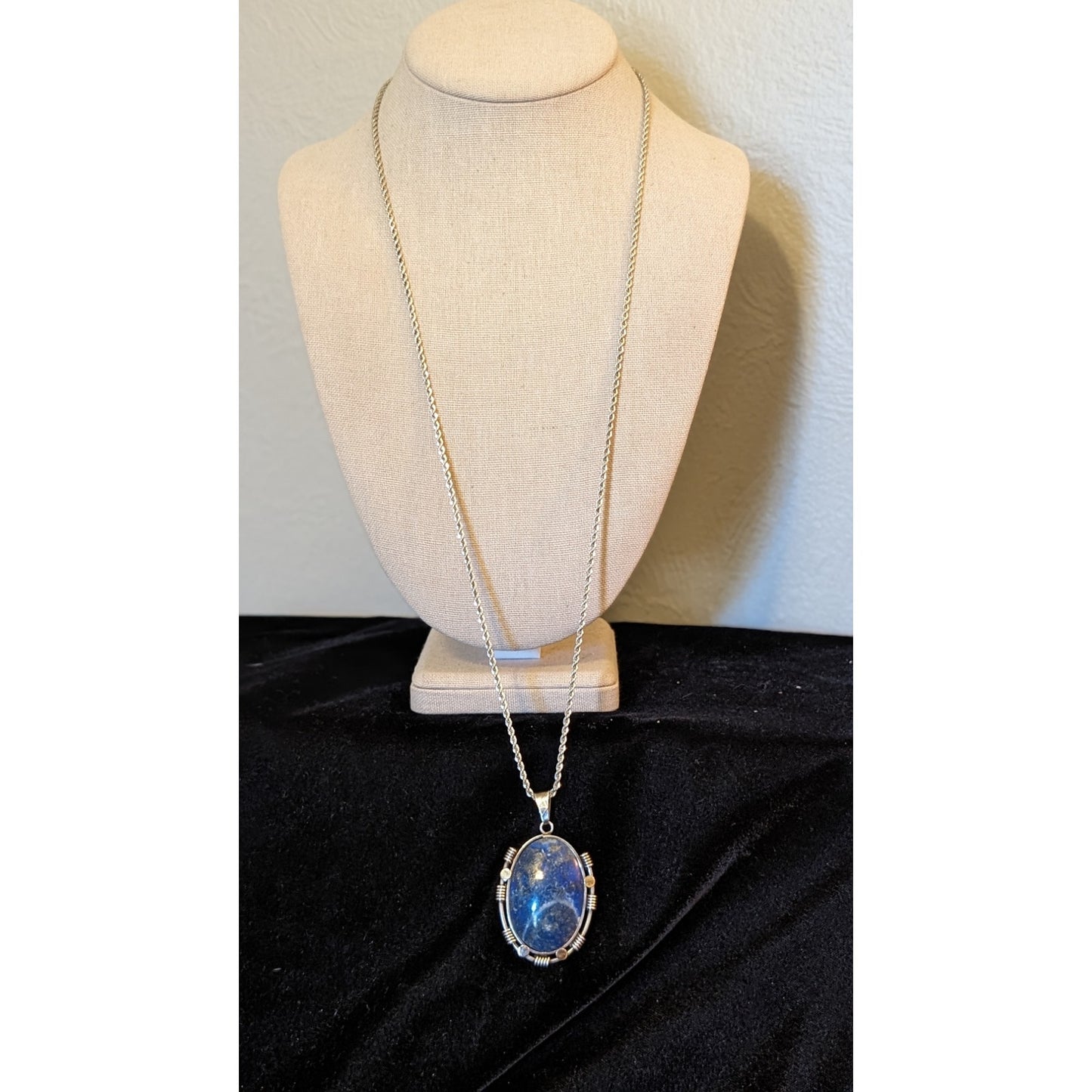 Blue Stone Bezel Set in Sterling Silver on Vintage Heavy Sterling Rope Chain