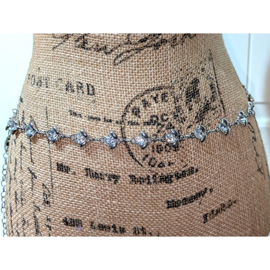 Vintage Silver Tone Rhinestone Chain Link Belt 32"-52"