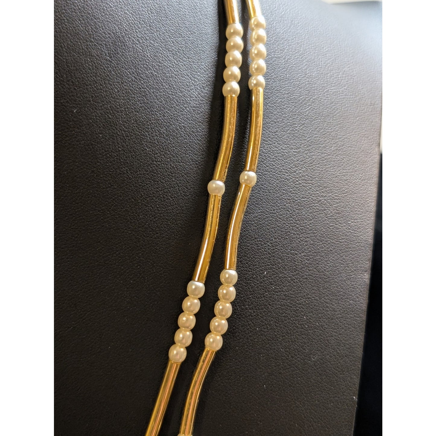 Double Strand Gold Tone Long Tube Bead Faux Pearl Necklace