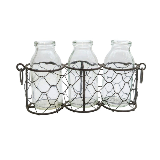 Rustic Metal Chickenwire Caddy W/ Three Clear Bud Vases