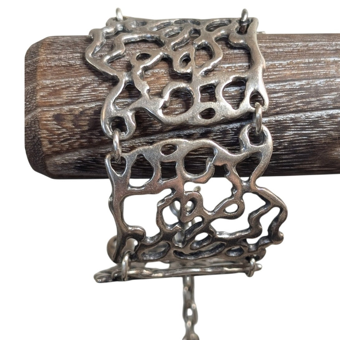 Mozaic Chunky Brutalist Filigree Chain Link Silver Tone Bracelet W/ Hook Clasp