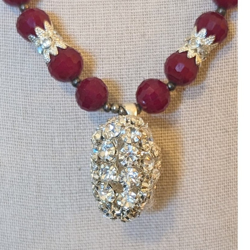 Deep Cranberry Red Cut Faceted Glass Bead and Rhinestone Heart Pendant Necklace