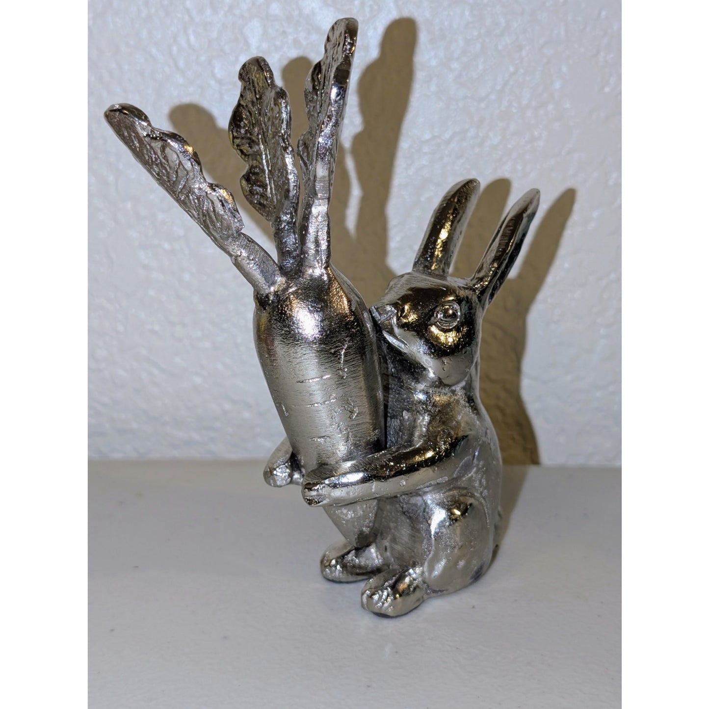 Silver Tone Solid Rabbit Hugging Carrot Figurine 6"