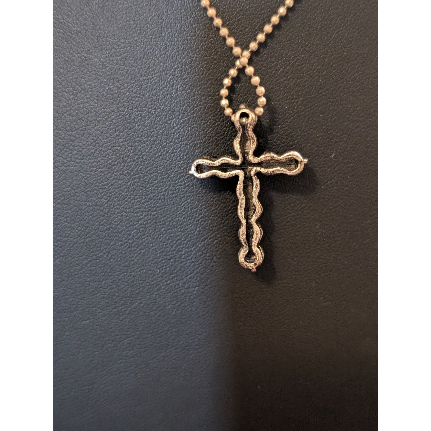 Pink AB Aurora Borealis Crystal Cross Necklace W/ Beaded Silver Tone Chain