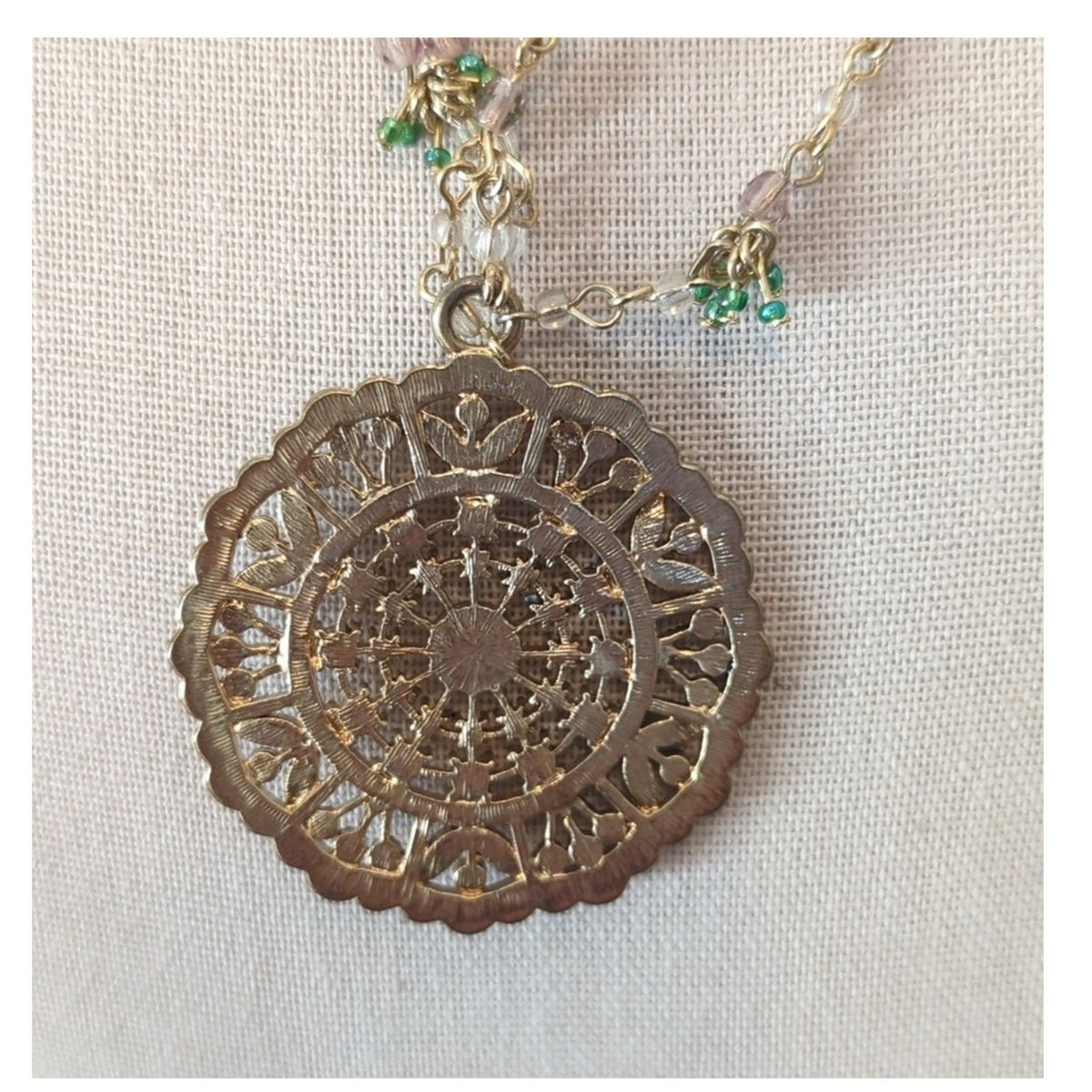 Gold Tone Double Strand Beaded Chain Pink Green Rhinestone Medallion Necklace