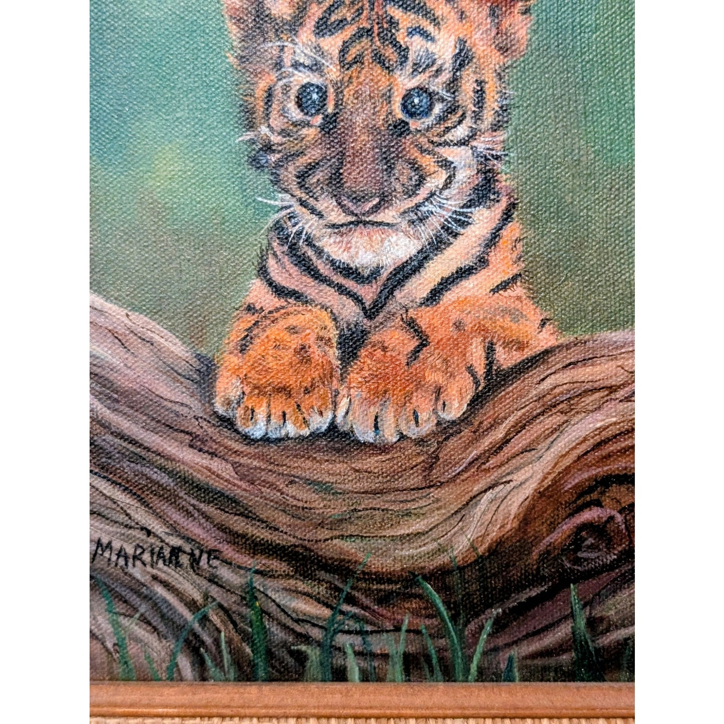 Vintage Original Wood Framed Baby Tiger Oil Painting on Canvas Signed Marianne