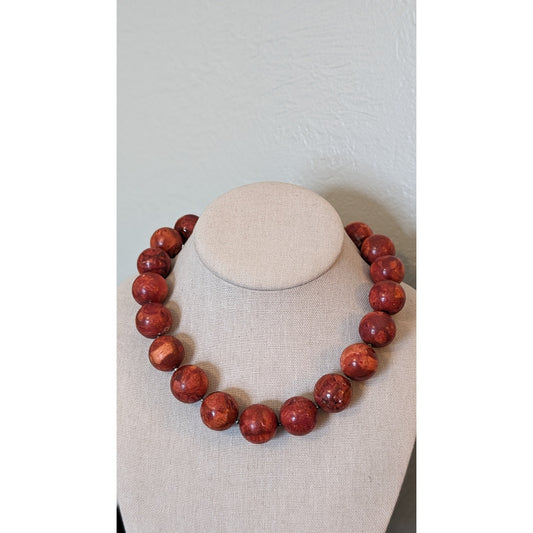 Genuine Coral Marbled Red 20 Bead Statement Necklace w/ Sterling Toggle Clasp