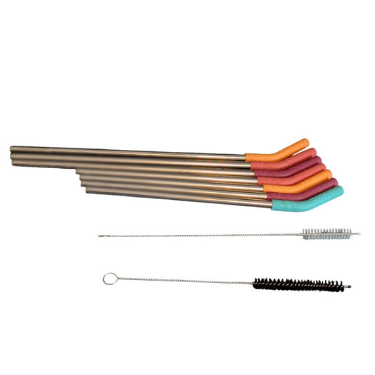Seven Ello Reusable Silicon Tip Stainless Steel Straw Set W/ Two Brushes NWOT