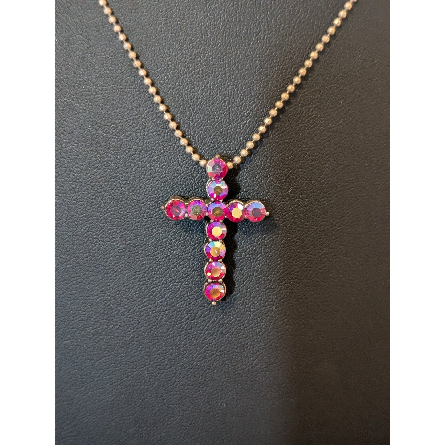 Pink AB Aurora Borealis Crystal Cross Necklace W/ Beaded Silver Tone Chain