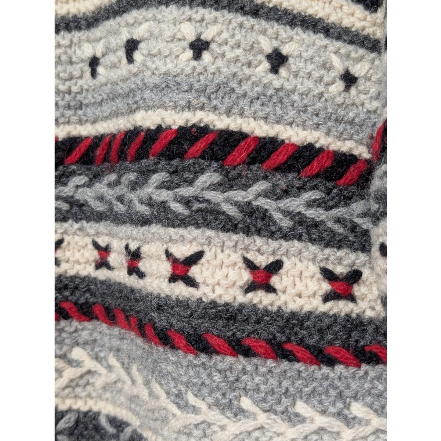 Talbot's Hand Knit 100% Wool Gray Cream Red Black Button Cardigan Sweater Sz MP