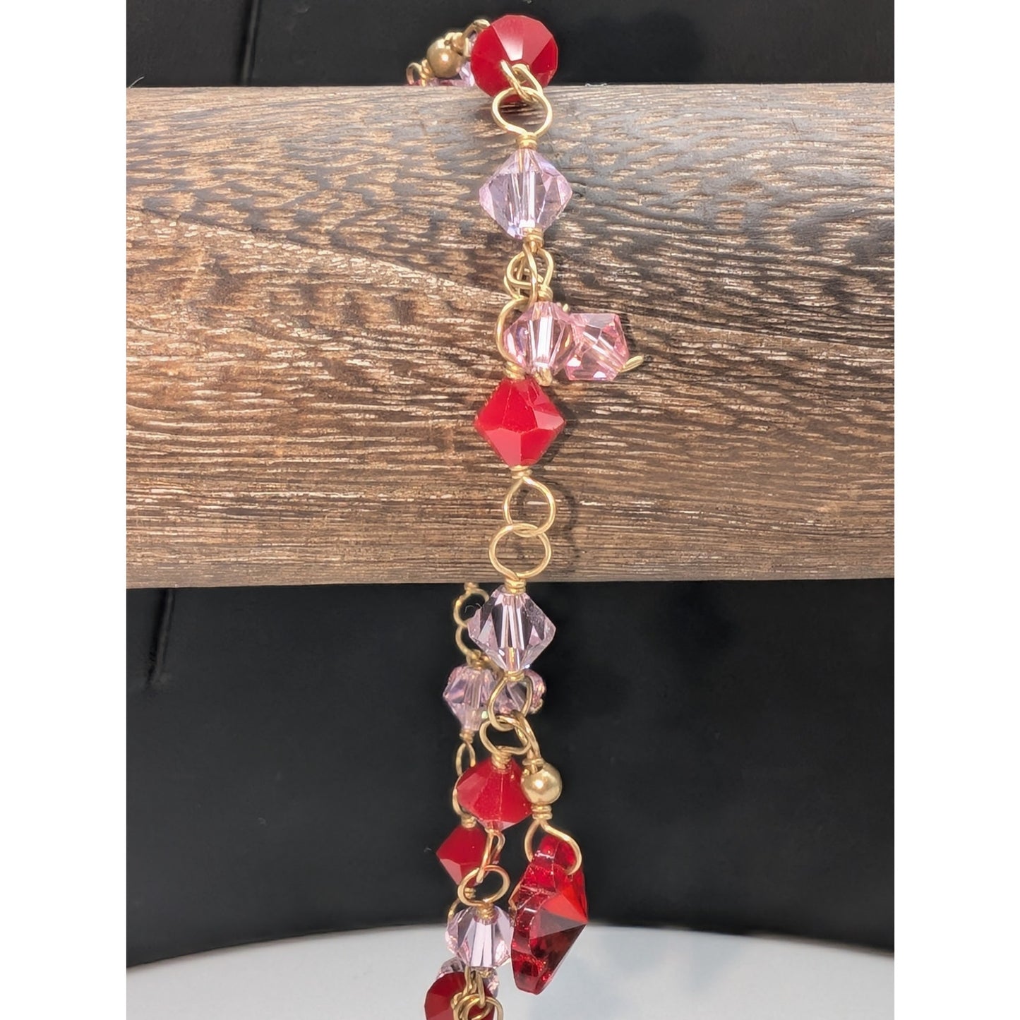 Vintage 14K Gold Filled Gold Chain Pink & Red Crystal Bead Dangle Bracelet